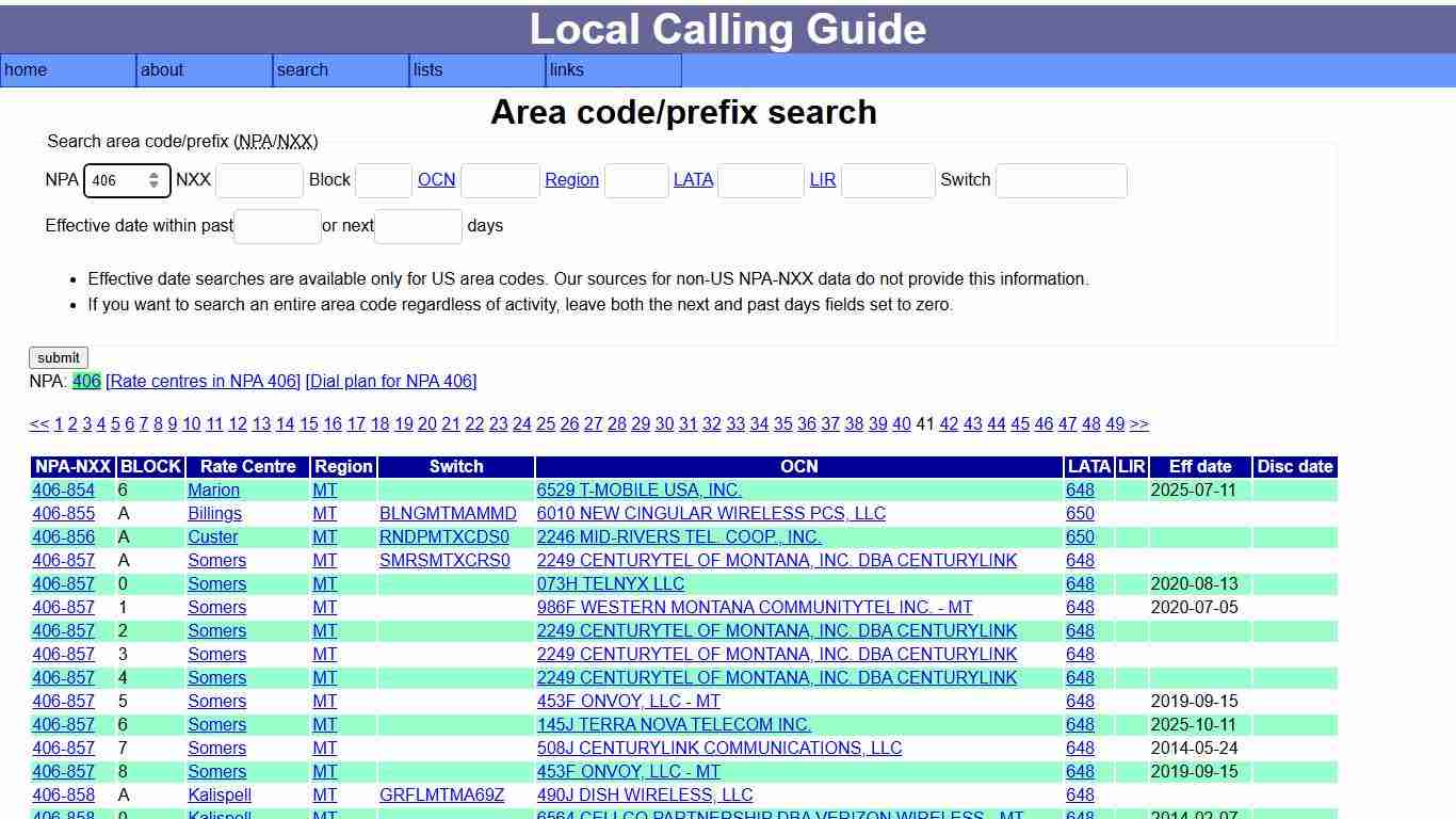 Local calling guide: NPA-NXX search