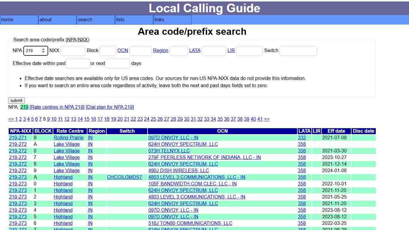Local calling guide: NPA-NXX search
