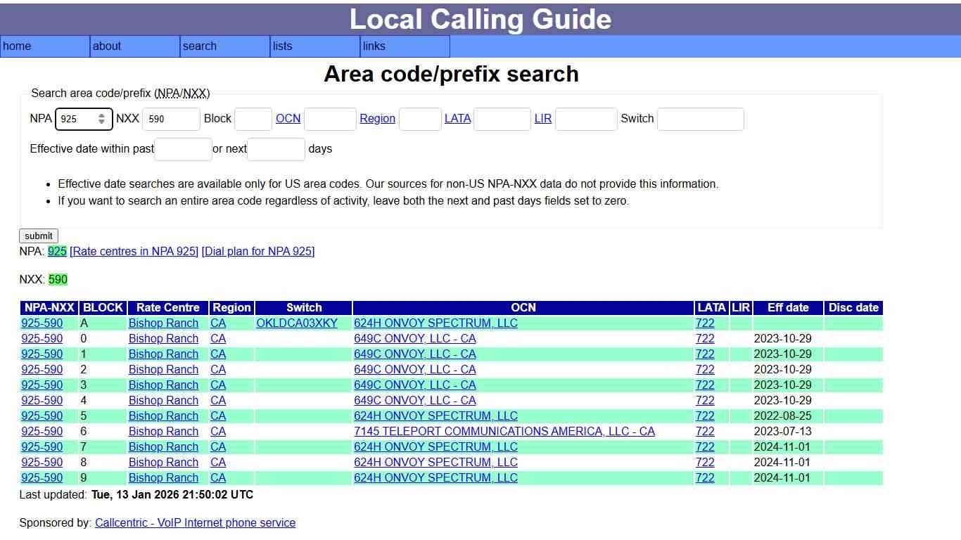 Local calling guide: NPA-NXX search